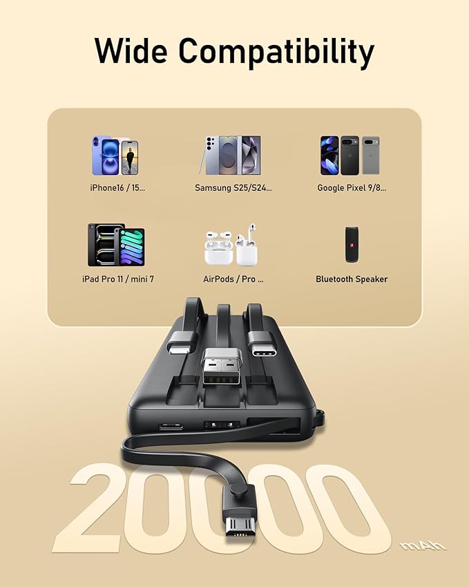 VEEKTOMX Portable Charger Built-in Cables, 20000mAh Power Bank for iPhone, Fast Charge USB C Battery Pack Travel Essentials Powerbank Compatible with iPhone 17/16/15/14, Samsung S25/24, Android, etc