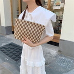 PAZIMIIK Knitted Checkered Makeup Bag Large Zipper Make Up Accessory Pouch for Purse Cosmetic Brush Bag for Travel Essential,Coffee