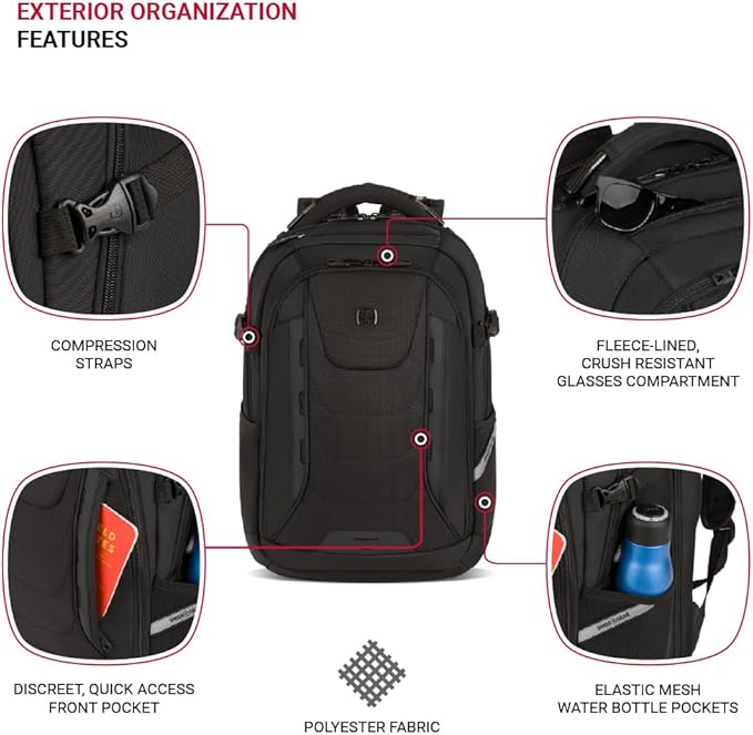 SwissGear Travel Tech Pro Laptop Backpack – Fits Laptops up to 16” – ScanSmart TSA-Friendly Backpack with Multiple Organizer Pockets – Black