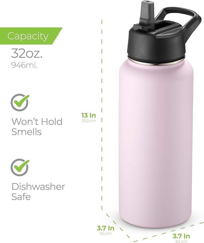SipX™ Triple-Insulated Stainless Steel Water Bottle 32oz. With 3 Lids, BPA-Free Reusable Insulated Water Bottle Keeps Cold 24 Hours, (Pink)