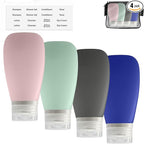 Travel Bottles for Toiletries, TSA Approved 3oz (90ml) Leak Proof Silicone Refillable Squeeze Travel Size Containers BPA Free for Cleansers, Lotions, Shampoo 4pk-With Bag (P,G,Blk,BL)