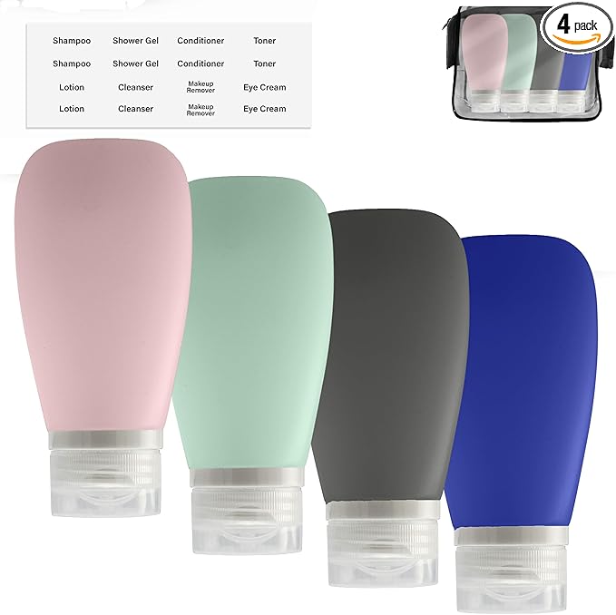 Travel Bottles for Toiletries, TSA Approved 3oz (90ml) Leak Proof Silicone Refillable Squeeze Travel Size Containers BPA Free for Cleansers, Lotions, Shampoo 4pk-With Bag (P,G,Blk,BL)
