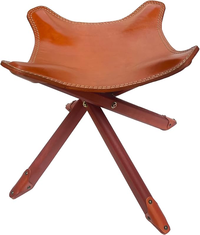 Leather Stool 4-Legs, Portable Beech Wood Artist Folding Stool, Italian Top Vegetable Tanned Leather Seat, Home Fashion Genuine Leathers Director’s Stool for Home Outdoor Camping Fishing