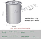 iBasingo 900ml Titanium Camping Cup with Lid Lightweight Portable Camping Pot for Backpacking Hiking Travel Cookware with Stainless Steel Foldable Handle, Ideal for Coffee, Soup, Cooking Ti2040C