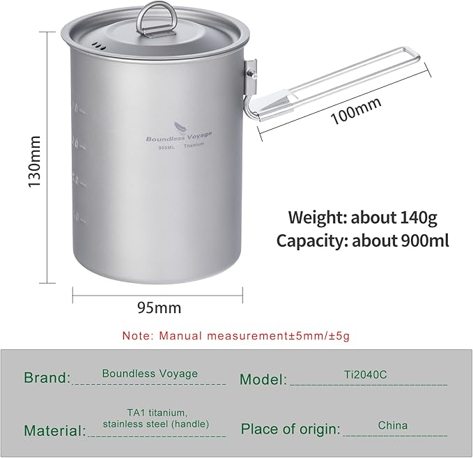 iBasingo 900ml Titanium Camping Cup with Lid Lightweight Portable Camping Pot for Backpacking Hiking Travel Cookware with Stainless Steel Foldable Handle, Ideal for Coffee, Soup, Cooking Ti2040C