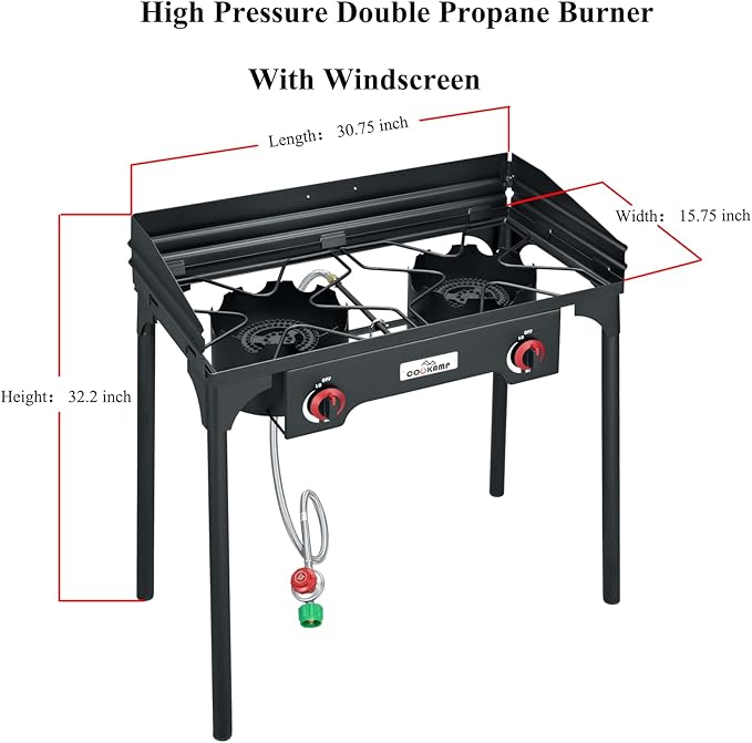 High Pressure Double Propane Burner With Windscreen Outdoor Camping Stove with 0-20 PSI Adjustable Regulator and Steel Braided Hose SA2510 (Two Burner Stove With Windscreen)