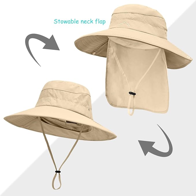 Sun Hats for Men Women, UPF50+ Protection Safari Hat,Wide Brim Fishing Hat with Neck Flap,Bucket Hats for Beach Hiking