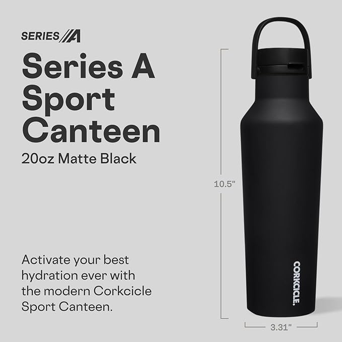 Corkcicle Sport Canteen - Keeps Drinks Cold 25 Hours - Stainless Steel Water Bottle - Triple-Insulated - Spill-Proof - Summer Drinkware Gift - Keeps Drinks Ice Cold - 20 oz - Matte Black