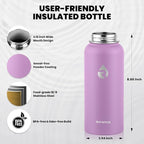 Insulated Water Bottle 32 oz, Triple Wall Vacuum Stainless Steel (Cold for 48 Hrs), Leak Proof & Non-BPA, Modern Water Flask Jug with Paracord Handle & Straw Spout Lids, Lilac