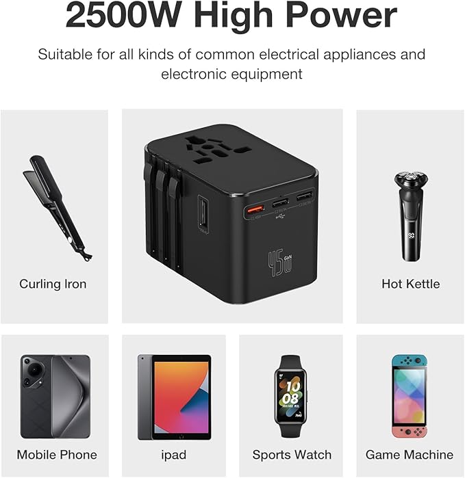 45W Universal Travel Adapter – Compact Plug with 3 USB-C & 2 USB-A Ports for EU/UK/US/AU, International Power Adapter Worldwide Charger, CE/FCC/RoHS Certified (Black)