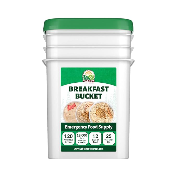 120 Serving Breakfast Bucket | Premium Emergency Food Supply | Easy Prep Survival Food 25 Year Shelf Life | Camping Food, Backpacking Meals, Prepper Supplies | Valley Food Storage Packaged in USA