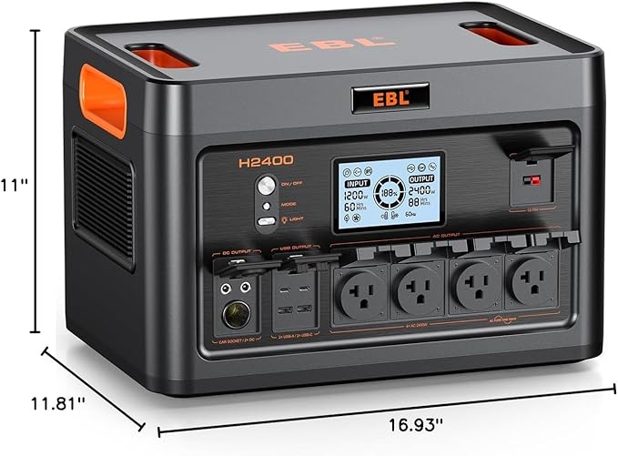 EBL Portable Power Station 2400W, 1843.2Wh Solar Generator LiFePO4 (LFP) Battery(4800W Surge), 2 Hours Fast AC Charging, 4 AC Outlets, 100W USB-C PD Output, 11-Port for Home Use, Outdoor Camping