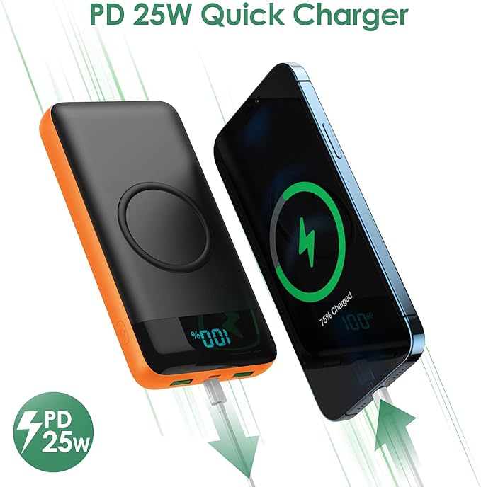 Wireless Portable Charger 30800mAh 15W Wireless Charging 25W PD QC4.0 Fast Charging Smart LED Display USB C Power Bank 4 Output and 2 Input External Battery Pack Compatible with iPhone Samsung-Orange
