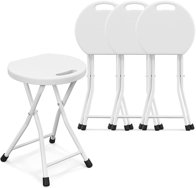Goplus Folding Stool, 4 Pack 18 inch Foldable Camping Stool for Adults with 440 lb Capacity, Portable Plastic Fold up Stool, Collapsible Round Stool with Handle for Fishing Hiking Gardening BBQ, White