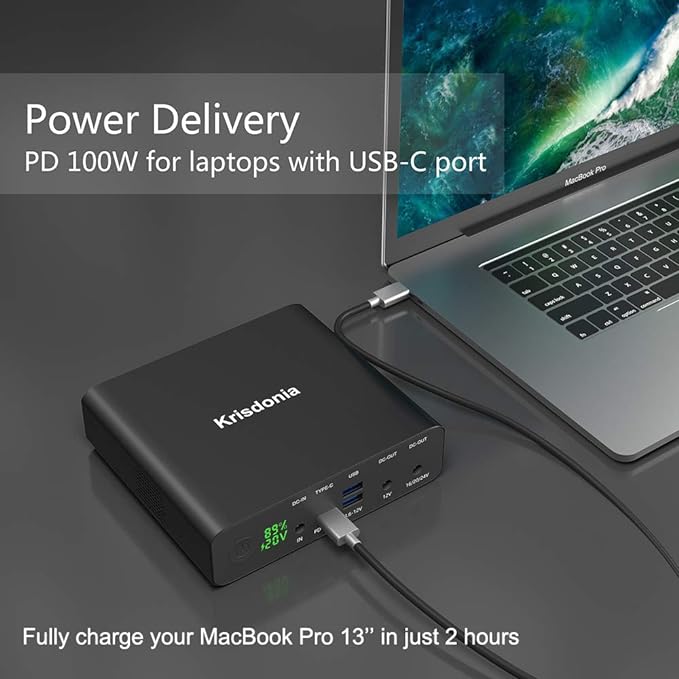 Krisdonia Portable Laptop Charger 32000mAh 100W PD Power Bank, External Battery Pack with 1 USB-C PD3.0 Port, 2 DC Ports, 2 USB QC3.0 Ports for Laptops, Tablets, Smartphones and Other Devices