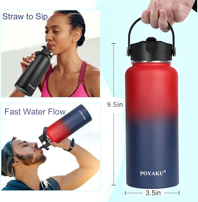 Water Bottle Insulated 32oz 40oz 64oz 128oz Straw Lid Spout Lid & 3 Lids, Leak Proof, Vacuum Insulated,Stainless Steel Water Bottle Wide Mouth for Sports, Gym or Office