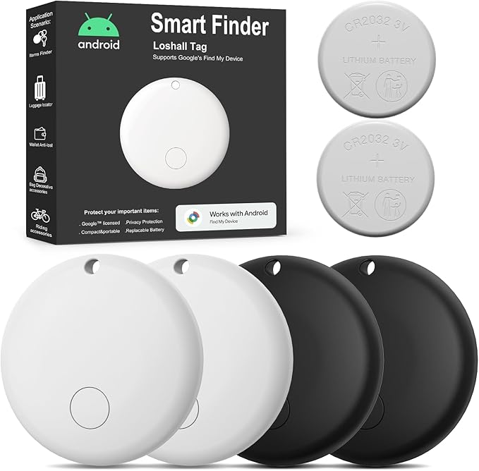 Android Air Tracker 4 Pack, Bluetooth Tracker for Android, Works with Google Find My Device App, Smart Item Locator for Keys, Wallet, Luggage, Bags - 2 White & 2 Black, Includes 2 CR2032 Batteries
