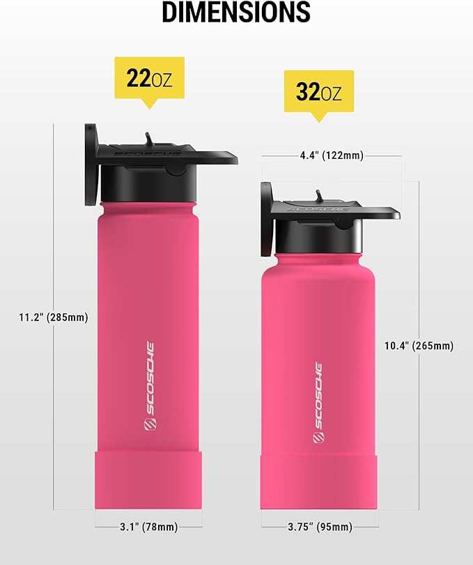 Scosche MFMS22 MagicMount Flask 22 oz Stainless Steel Water Bottle with MagSafe Phone Mount Stand, 12H Hot & 24H Cold Insulated Flask with Magnetic Phone Holder for Gym, Car, Travel, Sports 22oz, Pink