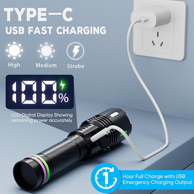 Rechargeable Flashlights High Lumens, Powerful 3 Modes Super Bright Flash Light with LCD Digital Display, Adjustable Waterproof Handheld Led Flashlights for Emergencies Camping Home Outdoor