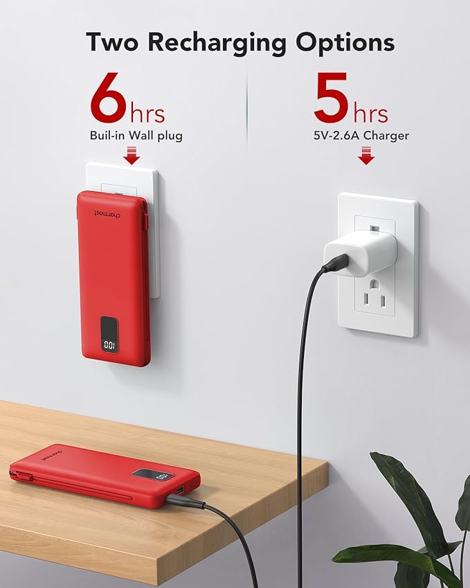 charmast Portable Charger with Built-in Cables and Plug, 10000mAh USB C Power Bank Fast Charging, External Battery Pack Slim, Travel Essentials Compatible with iPhones, Samsung Galaxy, iPad