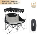 Double Camping Chair with Adjustable Shade Canopy Oversized Portable Folding Loveseat Couch, 2 Person Soft Padded Couch Back Storage Bag Cup Holder for Outdoor Lawn Backyard