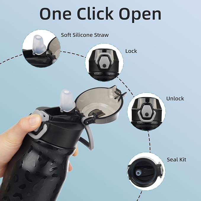 BJPKPK 25oz Insulated Water Bottle With Straw Stainless Steel Double Wall Water Bottles BPA Free Leak Proof Thermo With Lockable Flip Lid And Soft Silicone Spout,Black Leopard