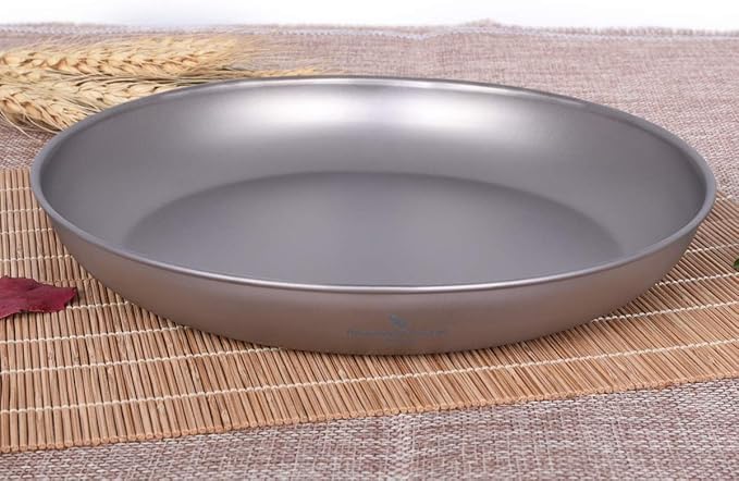 iBasingo Titanium Plate 18.5cm Ultralight Camping Dinner Plate, Reusable Metal Dish for Steak, Dessert Portable Round Tray with Mesh Bag for Backpacking, Hiking, Picnic Ti1103T