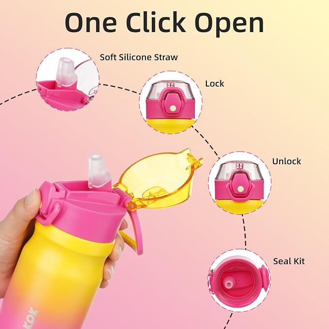 BJPKPK Water Bottle With Straw 14oz Insulated Water Bottles Reusable Stainless Steel Metal Thermo With Leak Proof Lockable Lid And Carry Handle,Rainbow