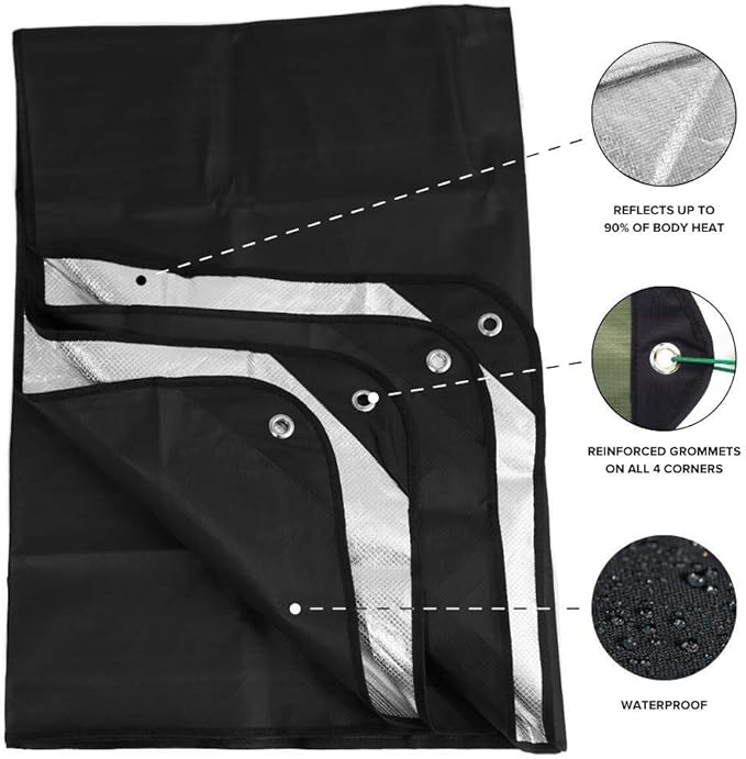Arcturus Insulated Tarp, Reusable Heavy Duty Thermal Survival Blanket – 60x82in, Reflects 90% Body Heat, Waterproof, Windproof, 3-Layer Design, Reinforced Grommets, Black