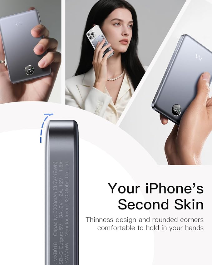 iWALK Magnetic Portable Charger, 5,000mAh Ultra-Slim Power Bank Wireless Charging Battery Pack with LED Power Display, Comfortable Grip Powerbank Compatible with iPhone 17/16/15/14/13 Series, Gray