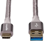 Amazon Basics USB-C to USB-A 3.1 Gen 1 Fast Charger Cable, Double Braided Nylon Cord, 5Gbps High-Speed for Apple iPhone 16/15, iPad, Samsung Galaxy, Tablets, Laptops, 10 Foot, Dark Gray (Pack of 2)
