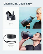 BUZIO Insulated Water Bottle with Straw Lid and Flex Cap, 64oz Double Wall Vacuum Stainless Steel Water Thermo Wide Mouth Lid, Cold for 48 Hrs Or Hot for 24 Hrs Sweat Proof Flask, Indigo Crush