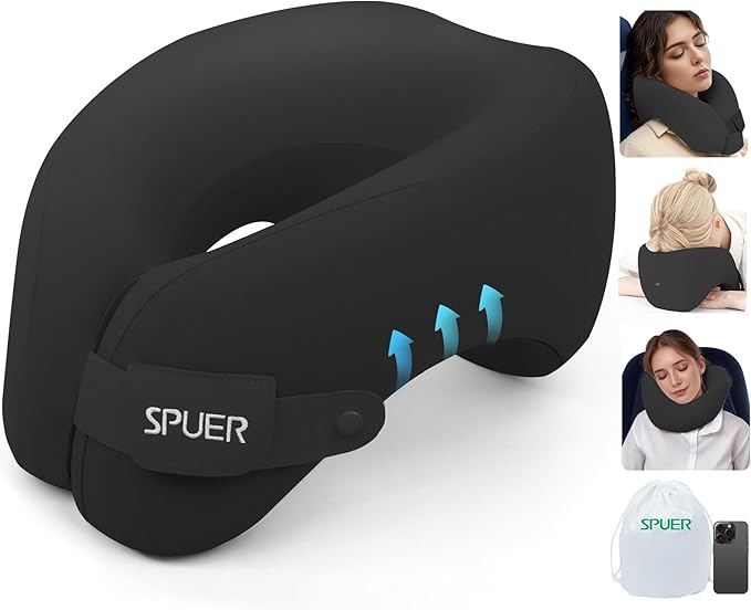 2in1 Ergonomic Memory Foam Travel Neck Pillow – 2025 Upgrade Travel Pillow for All Sleep Positions on Flights, Road Trips, and Long Distance Travel with Drawstring Bag (Adjustable - Black)