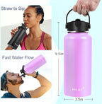Water Bottle Insulated 32oz 40oz 64oz 128oz Straw Lid Spout Lid & 3 Lids, Leak Proof, Vacuum Insulated,Stainless Steel Water Bottle Wide Mouth for Sports, Gym or Office