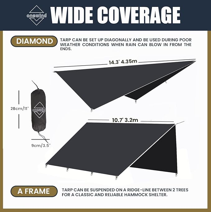 Onewind 11×10 ft Hammock Tarp, Lightweight Silnylon Hammock Rain Fly, 4000mm Waterproof 4-Season Multiple Shelter Solution Camping Tarp Tent with Complete Accessories, Dark Grey