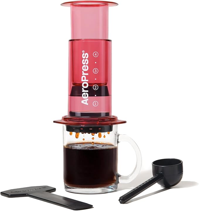 AeroPress Clear Red Coffee Press - All-in-One French Press, Pour-Over & Espresso Style Manual Brewer, 2 Min Brew for Less Bitterness, More Flavor, Small Portable Coffee Maker, Travel & Camping