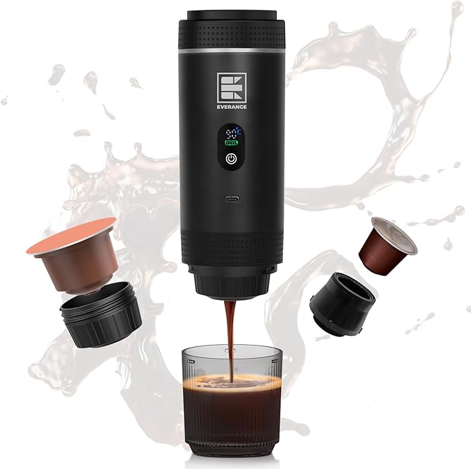 Portable Electric Espresso Machine, Travel Coffee Maker Brewer Compatible with Ground Coffee & NS Capsules (Black with LCD Screen)