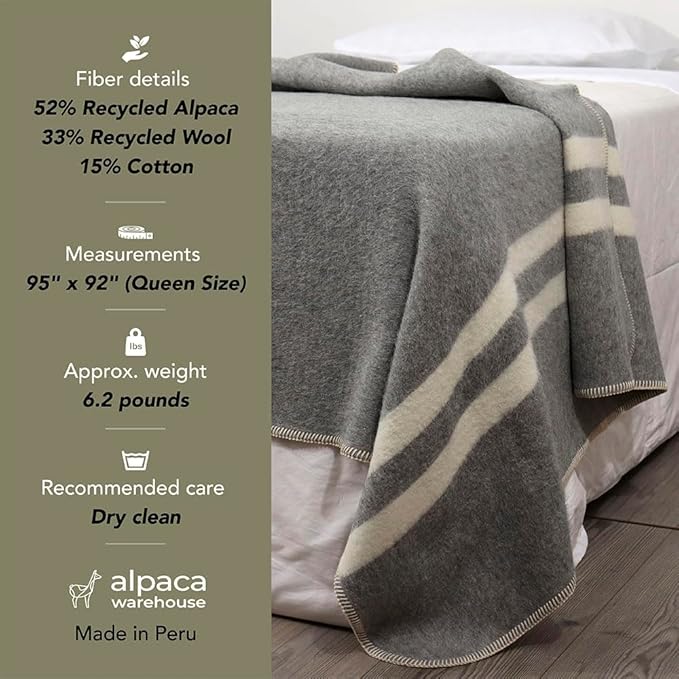 Thick Alpaca Wool Blanket Heavyweight for Camping Outdoors or Using Indoors | Soft Peruvian Alpaca Wool Blankets (Dark Gray -Soft Gray Stripes, Queen)