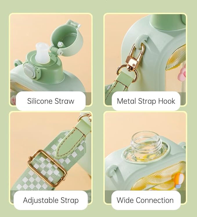 24 Oz Square Transparent Water Bottle, Cute Portable Travel Canteen with Adjustable Strap 700ml (Green)