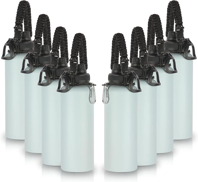 Volhoply Insulated Water Bottles Bulk 8 Pack, 40 oz Stainless Steel Sports Bottle with Paracord Handle Spout Lid, Double Walled Vacuum Metal Travel Cups with Wide Mouth for Adults Hiking(Fog,8 Set)