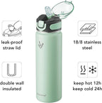 Enerbone 24 oz Insulated Water Bottle, Stainless Steel Bottle with Carrying Strap, Double-Wall Vacuum Insulation Design, Leakproof Sports Bottle with Straw, Keep Drinks Cold or Hot for Hours