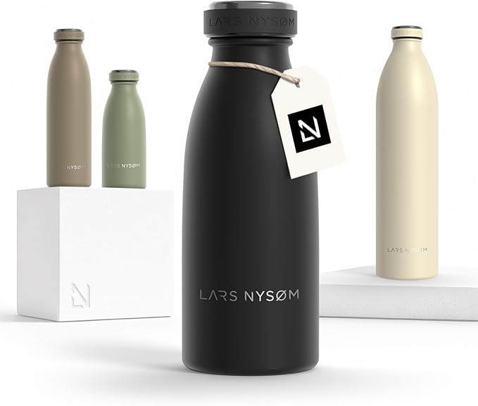 LARS NYSØM Stainless Steel Insulated Water Bottle 12oz 17oz 25oz 34oz 51oz | Insulated Thermo Flask for Hot and Cold Beverages | Leakproof Drinking Bottle (Carbon Black, 11.9oz)