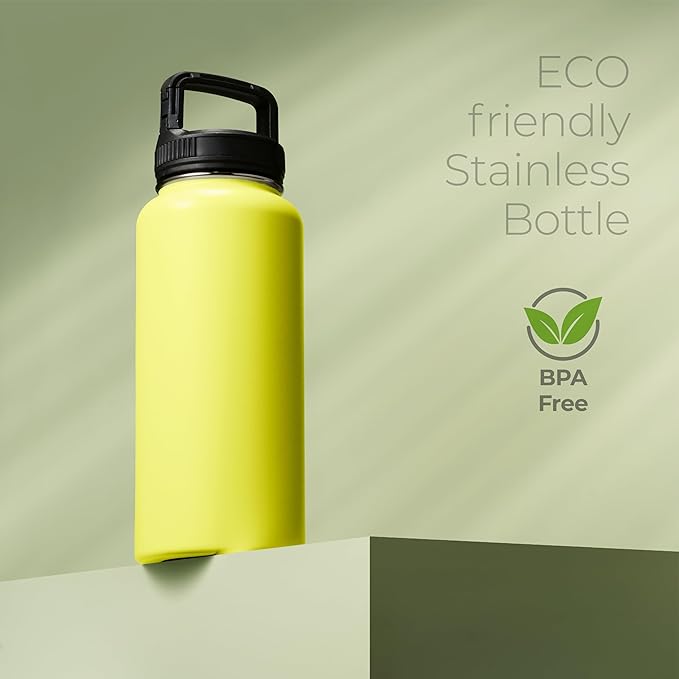 SipX™ Triple-Insulated Stainless Steel Water Bottle 32oz. With 3 Lids, BPA-Free Reusable Insulated Water Bottle Keeps Cold 24 Hours, (Yellow)