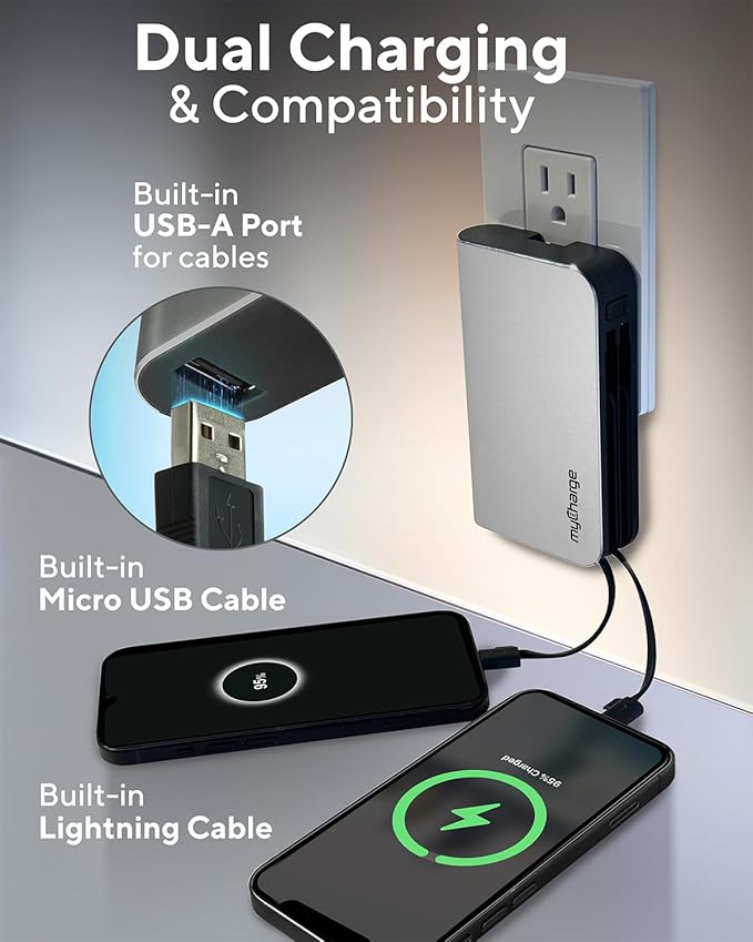 myCharge Portable Charger with Wall Plug – 10050mAh Fast Charging – Power Bank for iPhone, Samsung, Android & More - External Battery Pack Portable Charger with Built-in Cables (Lightning + Micro USB)