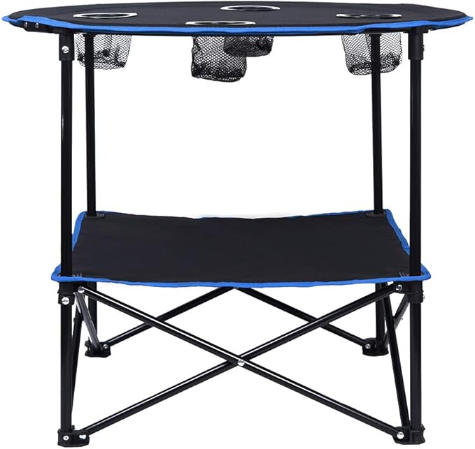 LEADALLWAY Folding Picnic Table Portable Outdoor Camping Table with 4 Cup Holders and Carrying Bags,Collapsible Canvas Travel Table for Outdoor Picnic,Barbecue,Travel,Fishing (Black+Blue)