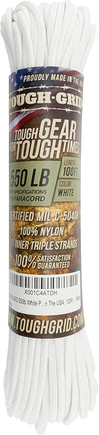 TOUGH-GRID 550 Paracord Rope Nylon Parachute Cord, Made in USA Survival Kit, Outdoor Adventures, Camping, Tactical Gear & Emergency Supplies, Military Type III Mil-Spec