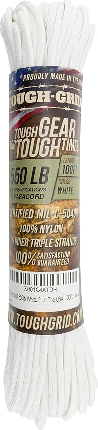 TOUGH-GRID 550 Paracord Rope Nylon Parachute Cord, Made in USA Survival Kit, Outdoor Adventures, Camping, Tactical Gear & Emergency Supplies, Military Type III Mil-Spec