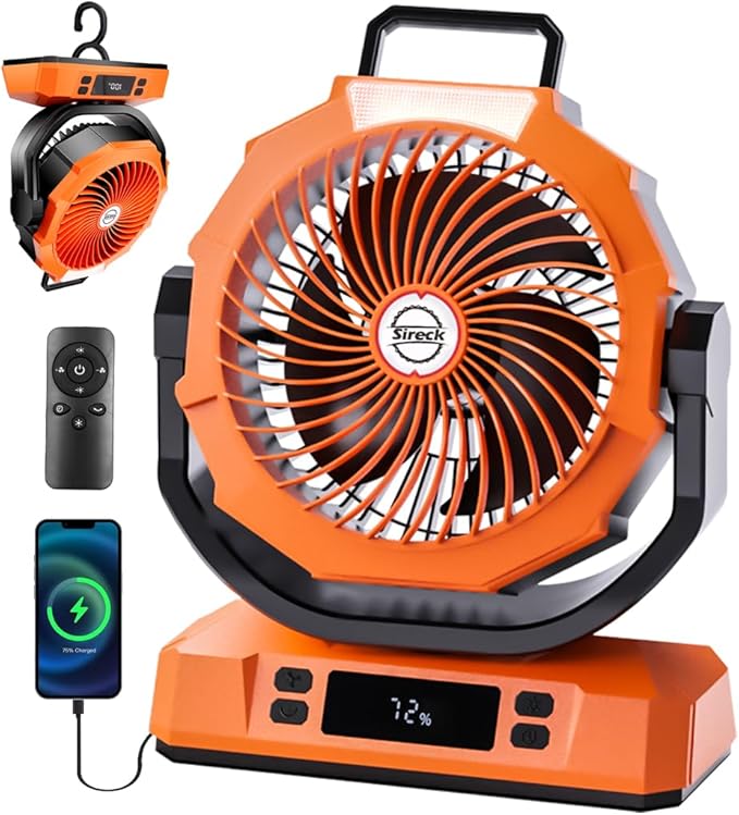 Camping Fan Rechargeable Portable Fan 12-Inch, 40000mAh Battery Powered Fan with LED Light, Digital Display, Timer, 6 Wind Speeds Cordless USB Desk Fan for Tent, Travel (Orange)
