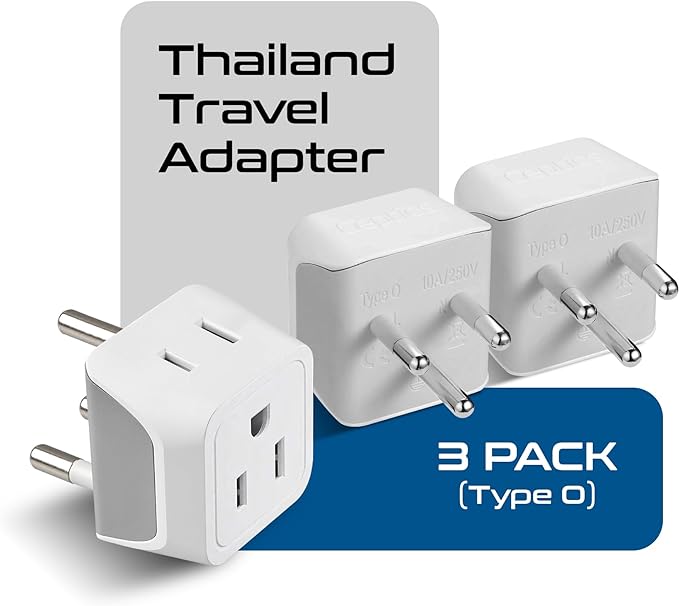Ceptics Thailand Travel Adapter with Dual Usa Input (Type O) Ultra Compact - 3 Pack - Safe Grounded Perfect for Cell Phones, Laptops, Camera Chargers and More (CT-18)