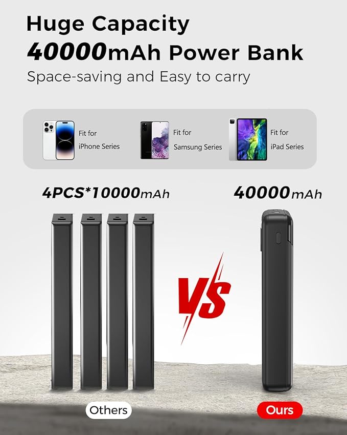 Portable Charger 40000mAh Power Bank - PD 22.5W Fast Charging Battery Pack, Built-in Cable Phone Charger 4 Output 3 Input, Compatible with iPhone 16 15 14 13 Android Samsung, Travel Camping Essential